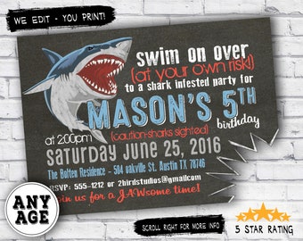 Shark birthday invitations - Shark invitations pool party or summer birthday - Shark chalkboard party invitations - you print DIGITAL