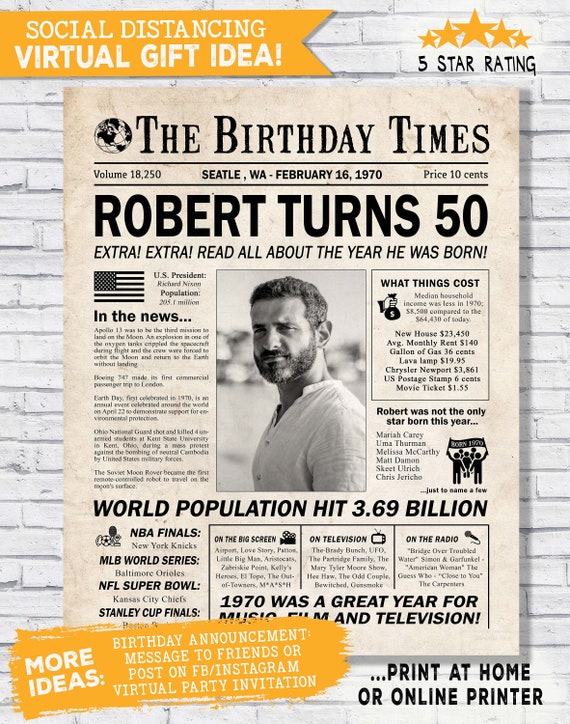 Virtual birthday party gift - 50th birthday gift - Social distancing birthday gift - Social distancing birthday party - 1970 - digital file Il_570xn