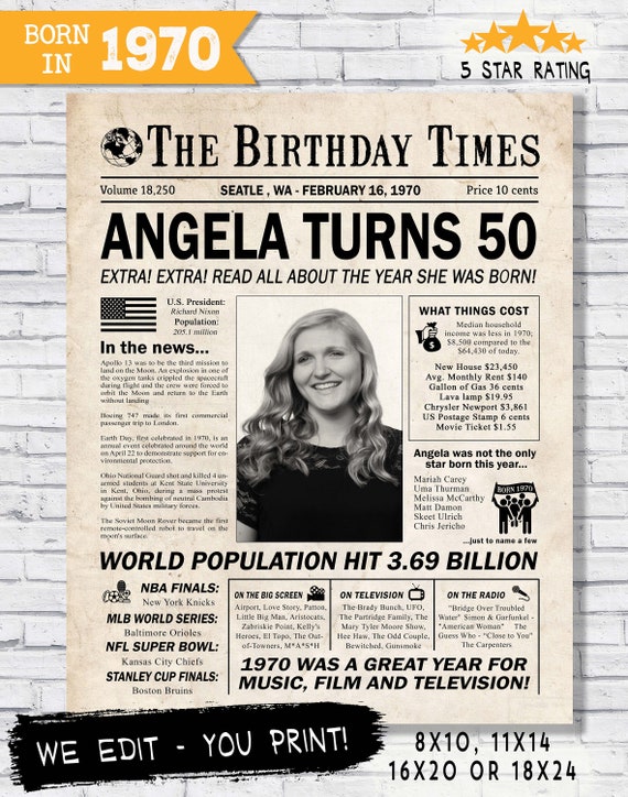 In the year 1970 birthday party decor - 50th birthday gift for her- Back In 1970 newspaper facts - The year you were born - digital sign Il_570xn