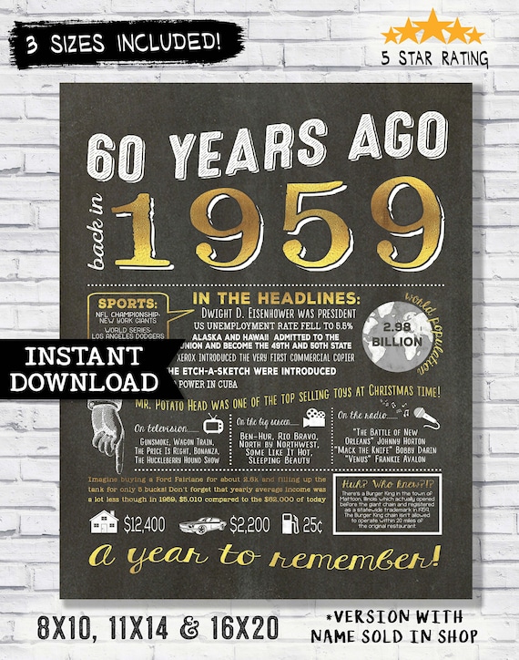 60 years ago back in 1959 poster - 60th birthday decoration - 60th birthday decor - year you were born chalkboard poster - instant download Il_570xn