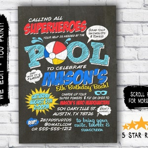 Convite para festa na piscina - Convite de aniversário para festa na piscina - Convite para festa na piscina no quadro-negro - Convite para festa na piscina de super-heróis em PDF para impressão