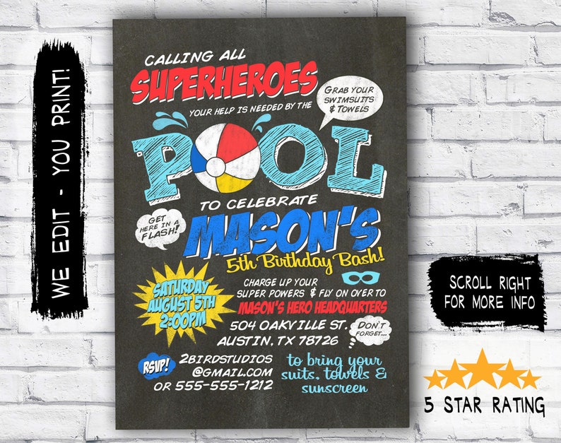 Pool party invitation Pool party birthday invitation Chalkboard pool party invitation Superhero pool party PDF printable pool invite image 1
