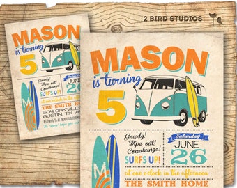 Surf invite - surfboard invitation with camper van - vintage beach summer party invite -  vintage DIY printable invitation