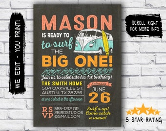 Surfs up invitation - first birthday invitation - Surf invitation for 1st birthday boy - The big one - Printable chalkboard digital invite