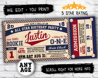 Baseball birthday invitation - Baseball ticket invitation - Boys birthday party - Vintage baseball party - You print