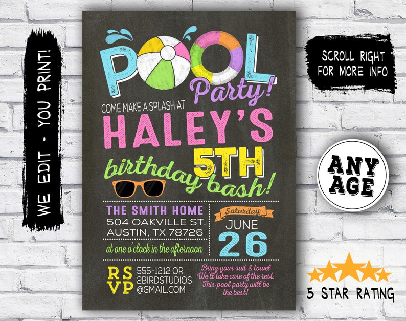 pool party invitation Girl birthday invitation summer party Pool party birthday invitation pink purple chalkboard printable invitation image 1