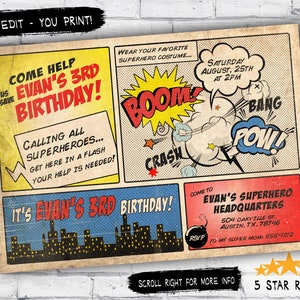 Superhelden-Einladung / VINTAGE Superhelden Geburtstag einladen - DIY Vintage Comic-Buch druckbare Einladung oder Dankeschön-Karte