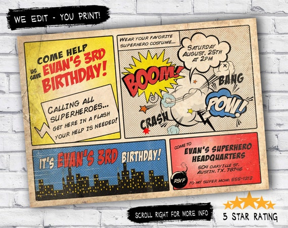 Superhero Invitation Vintage Superhero Birthday Invite Diy Etsy
