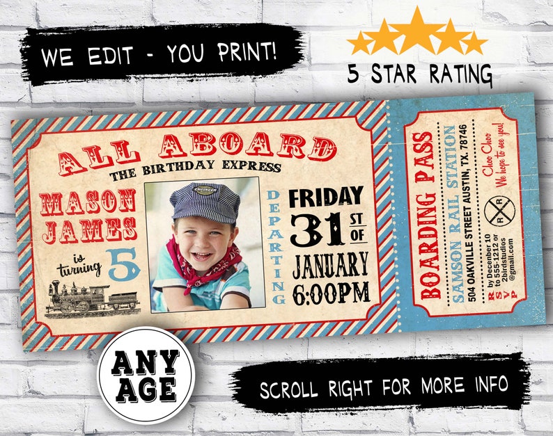 Train ticket invitation for birthday party Vintage Train invitation DIY printable invitation invite