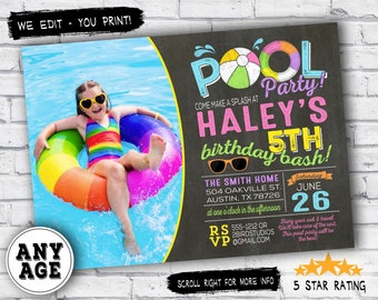 Pool party invitation - Girl pool party invitation - Girl birthday party invitation - pool party invite with picture Digital photo printable