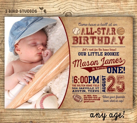 Sports party invitation- Sports birthday party invite- Vintage invitation for 1st birthday party or any age - DIY printable invitation Il_570xn