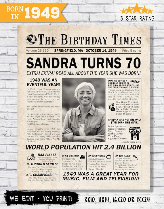 In the year 1949 PRINTABLE Newspaper Poster - Back In 1949 - 1949 facts for 70th birthday - Personalized digital - The year you were born Il_570xn