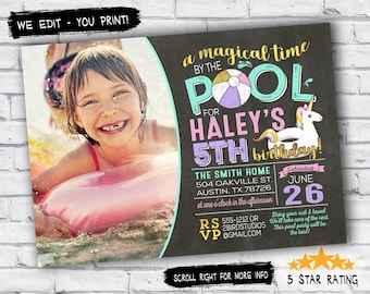 Unicorn invitation - Unicorn party invitation - Pool party birthday invitation - Unicorn pool party invitation - printable with photo