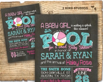 Pool party baby shower invitation - summer baby shower - coed baby shower invitation - bbq baby q - Pool party invitation - chalkboard girl