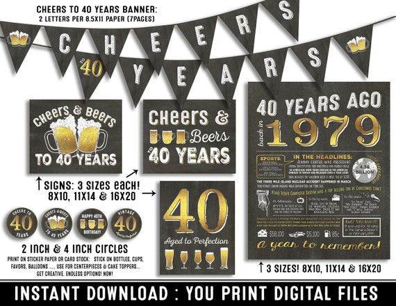 40th birthday party decorations - Cheers to 40 years - Cheers & Beers - 40th birthday poster - Instant download party decor - year 1979 Il_570xn