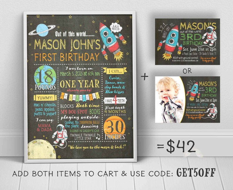Chalkboard sign first birthday poster - Space birthday party sold separately 1st Birthday Chalkboard to match outer space invitation