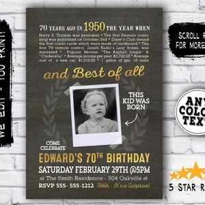 70th Birthday INVITATION for men - Back in 1950 printable - 70th birthday party invite - 70 year old male birthday - surprise party PDF/JPEG