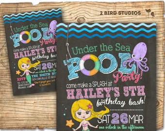 Under the sea birthday pool party invitation - Mermaid under the sea party invitations - Mermaid invitations - mermaid pool party YOU  print