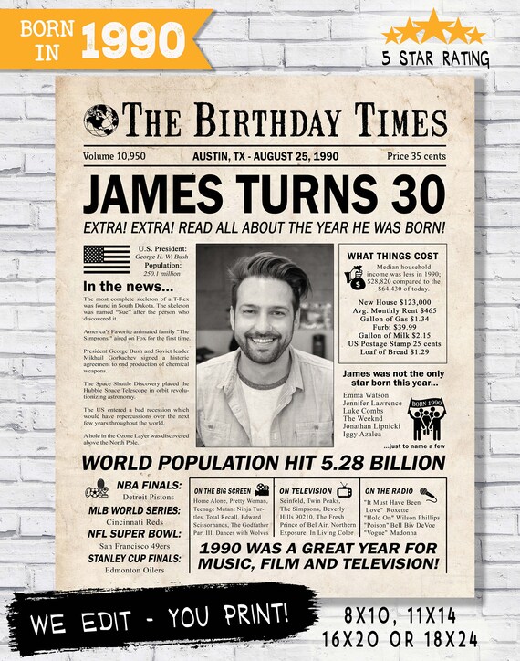 In the year 1990 birthday party decor - 30th birthday gift for him- Back In 1990 newspaper facts - The year you were born - digital sign Il_570xn