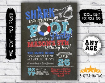 Pool party invitation - Shark invitation for pool party - printable shark invitation - Shark infested pool party birthday - DIGITAL invite