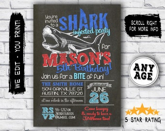 Shark party invitation - Shark birthday party invitation - Shark birthday invitation - Chalkboard invite printable invitation - digital