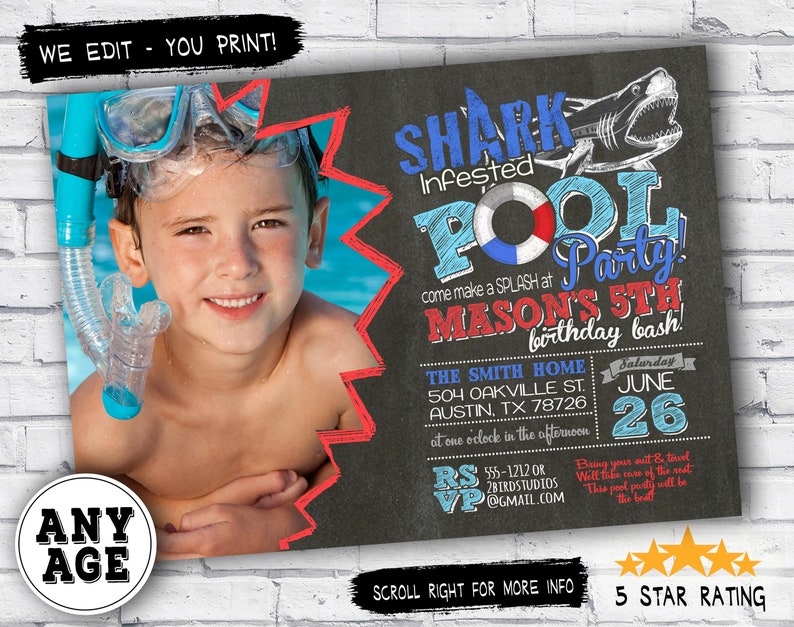 Shark invitation Pool party invitation with shark DIY printable pool party invitation Shark infested pool party birthday DIGITAL image 1