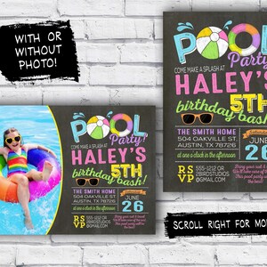 pool party invitation Girl birthday invitation summer party Pool party birthday invitation pink purple chalkboard printable invitation image 2