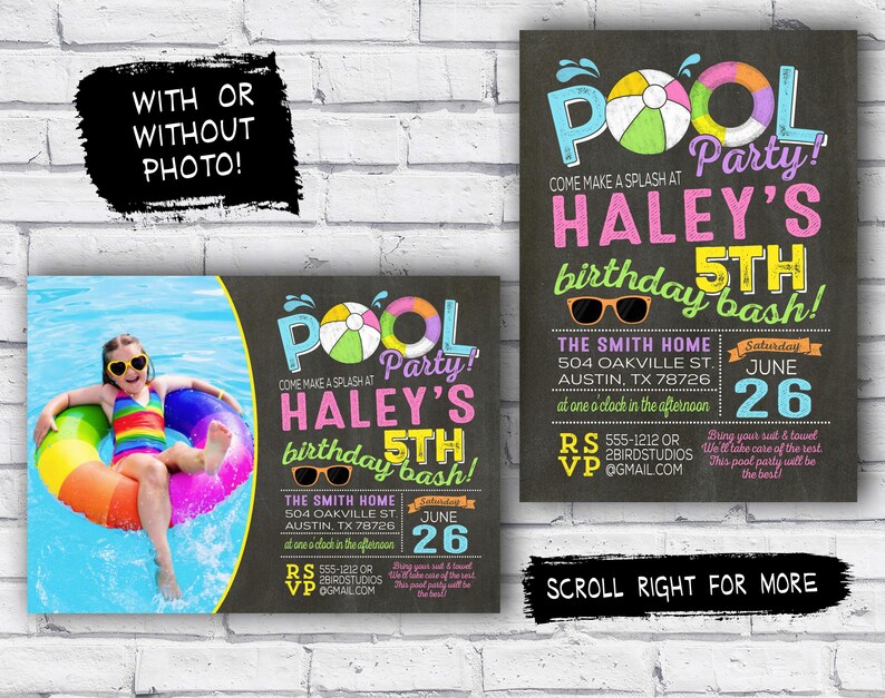 pool party invitation Girl birthday invitation summer party Pool party birthday invitation pink purple chalkboard printable invitation image 2