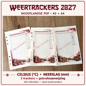 Op de afbeelding: Drie printbare plannerpagina's voor 2027 met de titels Weertrackers 2027, Neerslagtracker 2027, Temperatuurtracker 2027 en Weertracker 2027. Elke pagina bevat een raster, een legenda met weericonen en een illustratie van een pagode en esdoorn.