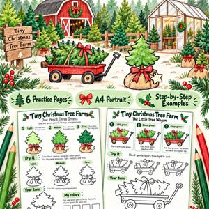 May include: A digital download of Tiny Christmas Tree Farm colored pencil practice sheets for kids. The A4 portrait pages feature step-by-step examples, 6 practice pages, and instructions for blending, layering, and pressure techniques.