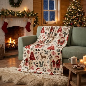 May include: A cream-coloured throw blanket featuring a repeating Christmas pattern of red Santa Clauses, brown reindeer, green pine trees, snowflakes, and holly leaves, draped over a light green sofa in a living room setting.