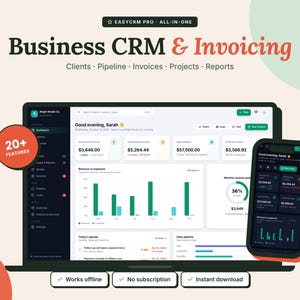 Software CRM per piccole imprese, gestione clienti, creazione fatture e preventivi, pipeline di vendita, tracciamento lead, dashboard HTML offline, download immediato.