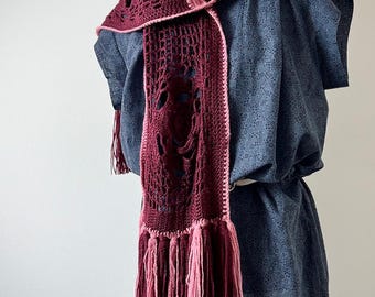 Burgundy crochet scarf with 3D flowers and fringe, made to order