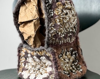 Chunky crochet balaclava from seven granny squares, ready to wear