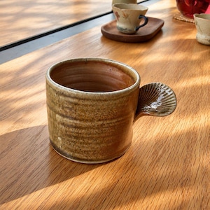 Handmade Wood Fired Ceramic Cup with Sculptural Shell Handle, Rustic Pottery Tea Mug, Wabi Sabi Coffee Cup