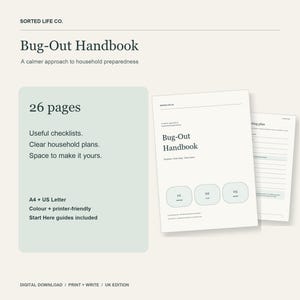 May include: A 26-page digital Bug-Out Handbook with a minimalist design. The document includes checklists, household plans, and space for notes. It is available in A4 and US Letter formats, featuring both color and printer-friendly versions.