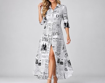 Maxi-jurk met krantenprint, zwart-wit grafische overhemdjurk, jurk met 3/4 mouwen en knoopsluiting aan de voorkant, casual zomeroutfit