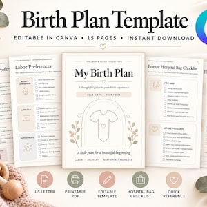 Puede incluir: Un conjunto de plantillas de plan de parto de 15 páginas que incluye una portada titulada My Birth Plan con una ilustración de un body de bebé, además de páginas para preferencias de parto, alivio del dolor y una lista de hospital.