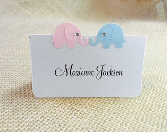 CUSTOMIZE ANY COLOR, 10 Baby Shower Place Cards, Baby Elephant, Gem, Baby Girl Place Card, Baby Boy Place Card, Pink, Blue, Twins, Triplets
