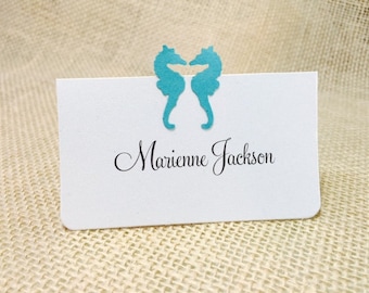 Customize Any Color, 10 Wedding Place Cards / Escort Cards, 2 Seahorses, Teal, Showers, Guest Information Printed