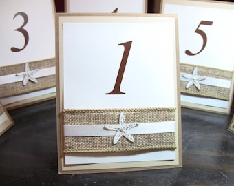 Custom Listing for Sarah, 6 Natural Wedding Table Number Card, Double Sided, Burlap, Starfish and Elegant Pearl