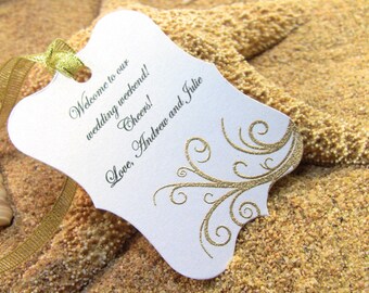 10 Gold Thank You Tags, Customize Any Color and Message, Wedding Favor Tags, Hand Embossed Scroll Thank You Tags,  Showers Hand Embossed