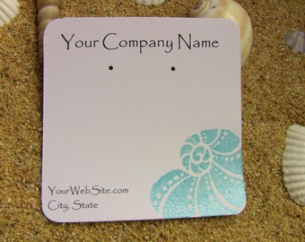 20 Seashell Earring Display Cards - Customizable, Hand Stamped & Embossed Aqua on White Card Stock, Customize Any Color