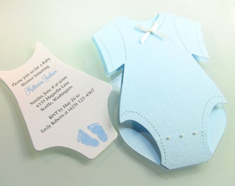 5 Onesie Baby Shower Invitations, Thank You, or New Baby Announcement Cards, Baby Boy Blue Feet