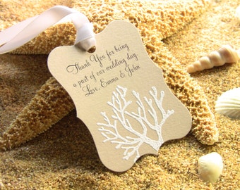 Customize Any Color and Message,10 Wedding Fancy Coral Gift Favor Tags, Hand Embossed Sand Dollar Thank You Tag Beach Weddings Showers Kraft