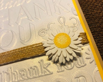 5 Daisy Thank You Cards, Burlap Ribbon, Yellow and Kraft Card stock, Pearlescent White Embossed