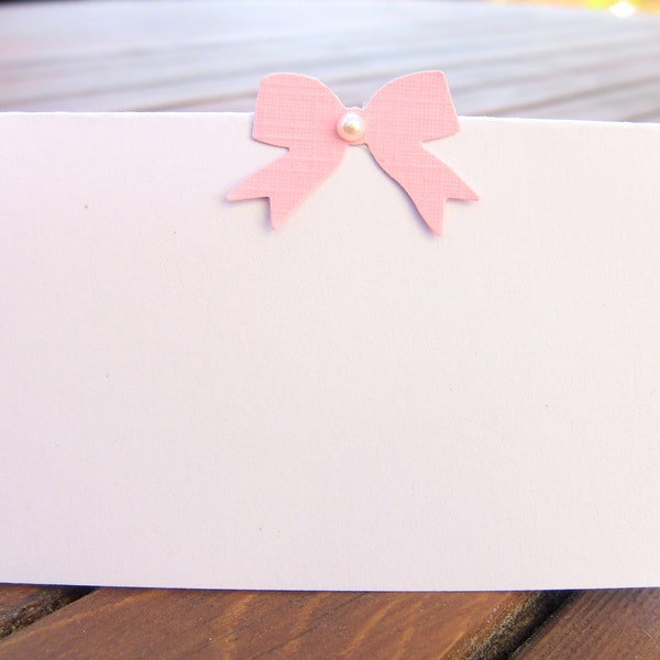 10 Baby Shower Place Cards / Escort Cards, Pink, Blue or Yellow Bow on White, Baby Girl, Baby Boy, Unisex, Name Printing Upgrade Possible