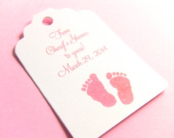 20 Baby Shower Gift Tags, Pink Baby Feet and Pearlescent White Card Stock, Customize Your Text