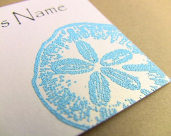 50 Handcrafted Handembossed Ocean Business Cards, Turquoise Sand Dollar, Customize Your Colors and Fonts, Aqua, Blue, Pearlescent White