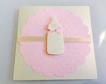 5 Baby Bottle Shower Invitation, Thank You, or New Baby Announcement Cards, Baby Girl Pink Feet